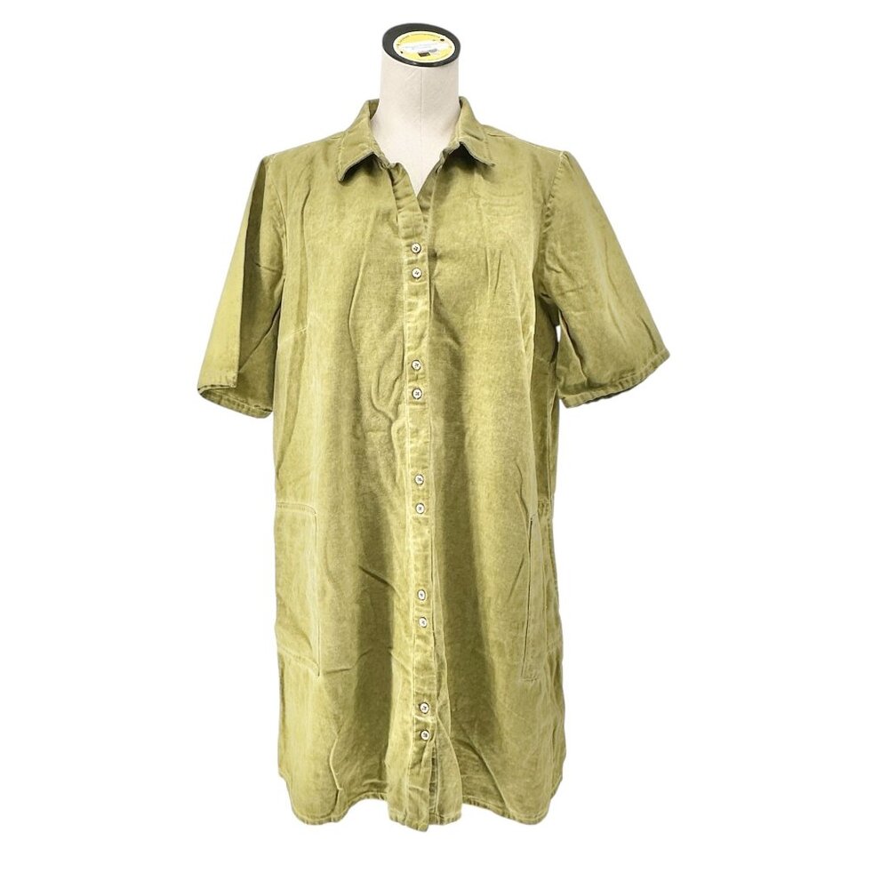 Lori Goldstein LOGO Shirt Dress Womens L Pea Green Button Front Short Sleeve